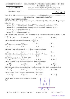 Đề thi học kỳ 1 Toán lớp 12 năm học 2019  2020 sở Vĩnh Phúc