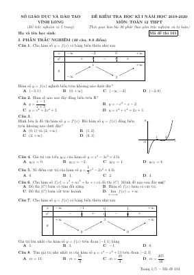 Đề kiểm tra học kì 1 Toán lớp 12 năm 2019 2020 sở Vĩnh Long