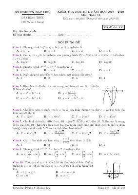 Đề thi học kỳ 1 Toán lớp 12 năm học 2019  2020 sở GDKHCN Bạc Liêu