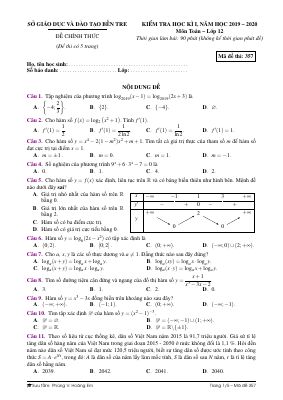 Đề kiểm tra học kì 1 Toán lớp 12 năm 2019  2020 sở Bến Tre