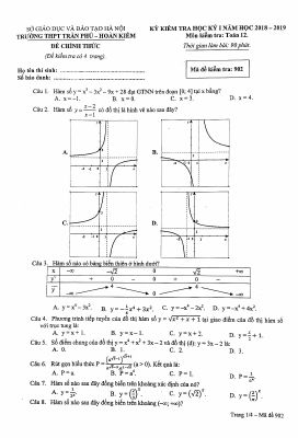 Đề thi học kì 1 Toán lớp 12 năm học 2018  2019 THPT Trần Phú  Hoàn Kiếm
