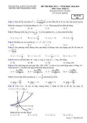 Đề thi học kỳ 1 Toán lớp 12 năm học 2018 2019 THPT Phạm Hồng Thái