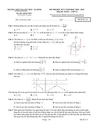 Đề thi học kỳ 1 Toán lớp 12 năm học 2018  2019 THPT Nguyễn Trãi