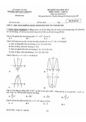 Đề kiểm tra học kỳ 1 Toán lớp 12 năm học 2018  2019 THPT Đan Phượng