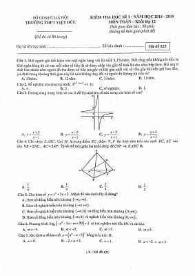 Đề kiểm tra học kỳ 1 Toán lớp 12 năm học 2018  2019 THPT Việt Đức