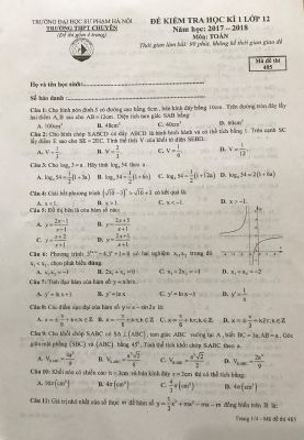 Đề kiểm tra học kỳ 1 Toán lớp 12 năm học 2017  2018 THPT chuyên Đại học Sư Phạm Hà Nội