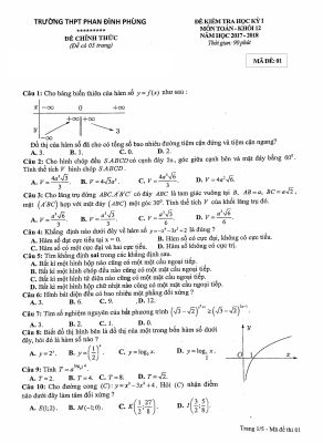 Đề thi học kỳ 1 Toán lớp 12 năm học 2017 2018 THPT Phan Đình Phùng