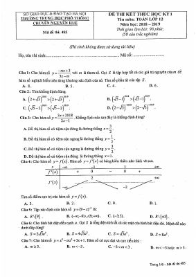 Đề thi kết thúc học kỳ 1 Toán lớp 12 năm 2018  2019 THPT chuyên Nguyễn Huệ