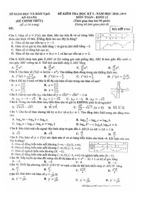 Đề thi học kỳ 1 Toán lớp 12 năm học 2018  2019 sở An Giang