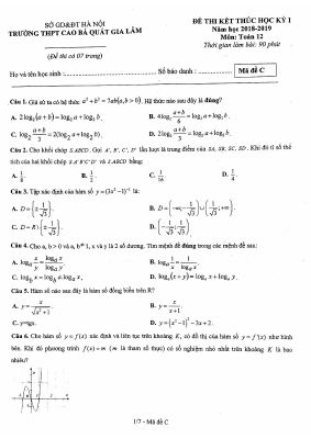 Đề thi học kì 1 Toán lớp 12 năm 2018  2019 trường Cao Bá Quát