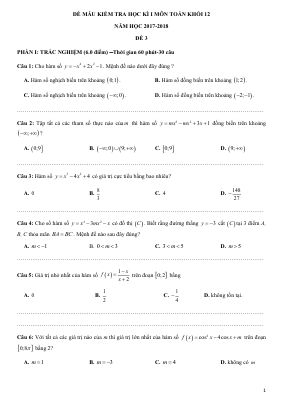 Đề thi thử học kì 1 lớp 12 môn Toán năm 2018 - 2019 THPT Marie Curie