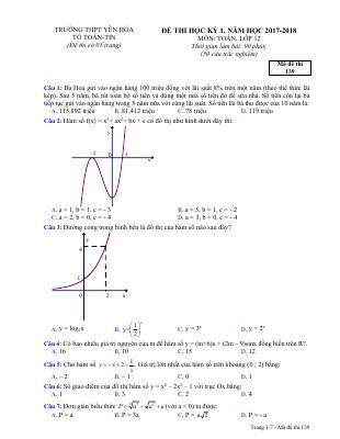 Đề thi học kì 1 môn Toán lớp 12 THPT Yên Hòa có đáp án - Mã đề 139