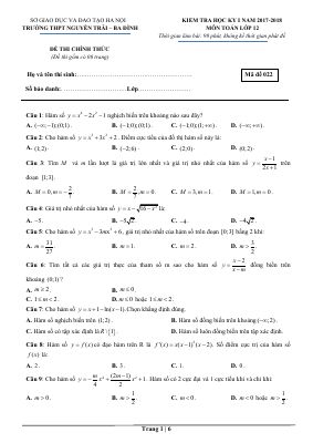Đề thi học kì 1 môn Toán lớp 12 THPT Nguyễn Trãi có đáp án - Mã 022