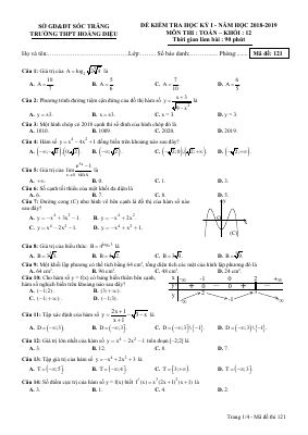 Đề thi học kì 1 môn Toán lớp 12 THPT Hoàng Diệu - Mã 121
