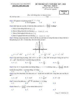 Đề thi học kì 1 môn Toán lớp 12 THPT Bến Tre có đáp án - Mã 138