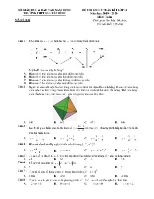 Đề thi học kì 1 môn Toán lớp 12 năm 2019 THPT nguyễn bính - Mã 122