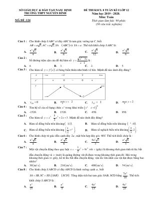 Đề thi học kì 1 môn Toán lớp 12 năm 2019 THPT Nguyễn Bính chọn lọc