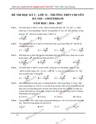 Đề thi học kì 1 môn Toán lớp 12 THPT chuyên Amsterdam