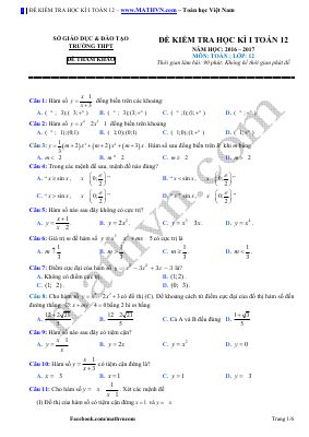 Đề thi thử học kì 1 môn Toán lớp 12 kèm đáp án