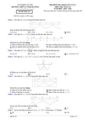 Đề thi khảo sát môn Toán lớp 12 năm 2020 - 2021 chọn lọc