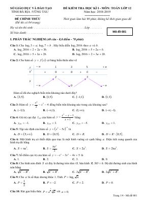 Đề thi học kì 1 môn Toán lớp 12 năm 2018 2019 sở GDĐT Bà Rịa Vũng Tàu
