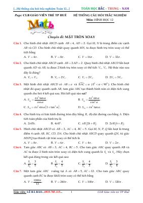 65 câu trắc nghiệm chuyên đề mặt tròn xoay Lê Bá Bảo