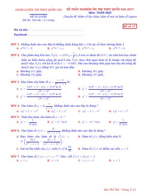100 câu trắc nghiệm hàm số lũy thừa, mũ và logarit  Bùi Thế Việt