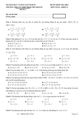 Đề ôn thi học kì 2 môn Toán lớp 12 THPT Đinh Tiên Hoàng - Đề 1