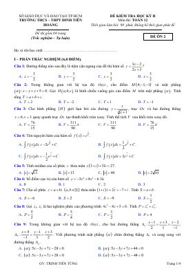 Đề ôn thi học kì 2 môn Toán lớp 12 THPT Đinh Tiên Hoàng - Đề 2