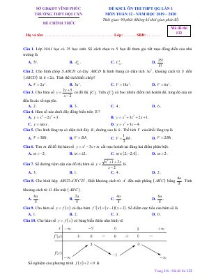 Đề KSCL Toán 12 lần 1 ôn thi THPTQG 2019  2020 trường Đội Cấn  Vĩnh Phúc
