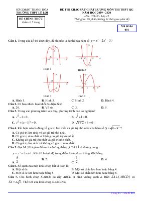 Đề KSCL Toán 12 thi THPT QG 2020 trường THPT Lê Lợi  Thanh Hóa