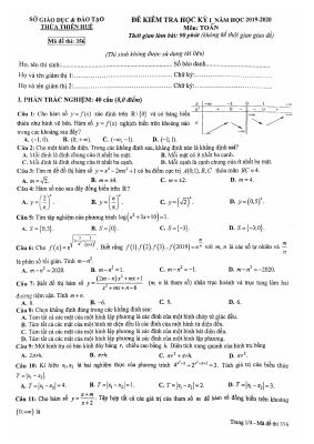 Đề thi học kì 1 Toán 12 năm học 2019  2020 sở GDĐT Thừa Thiên Huế