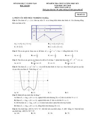 Đề thi học kì 1 Toán 12 năm học 2017 2018 sở Bắc Giang