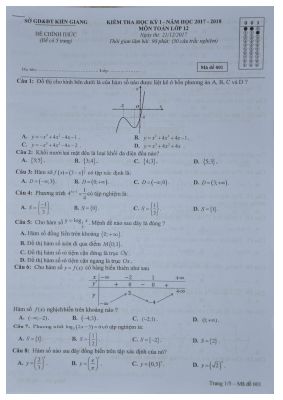 Đề thi học kì 1 Toán 12 năm học 2017  2018 sở Kiên Giang