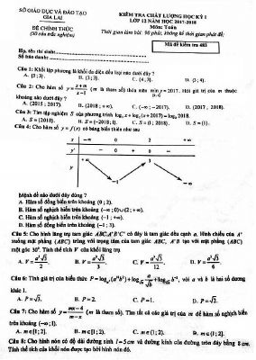 Đề thi học kì 1 Toán 12 năm học 2017  2018 sở Gia Lai