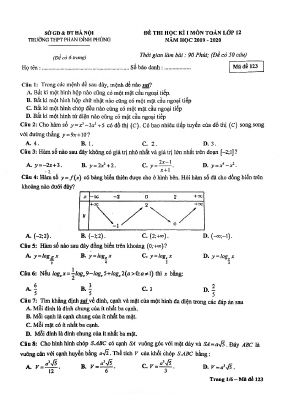 Đề thi học kì 1 Toán 12 năm 2019  2020 trường THPT Phan Đình Phùng  Hà Nội
