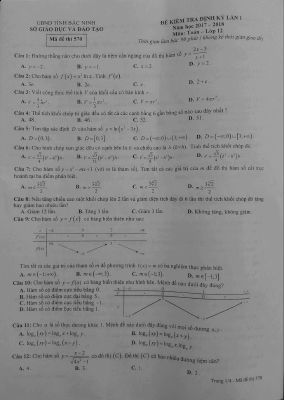 Đề kiểm tra định kỳ lần 1 Toán 12 năm học 2017  2018 sở GD và ĐT Bắc Ninh