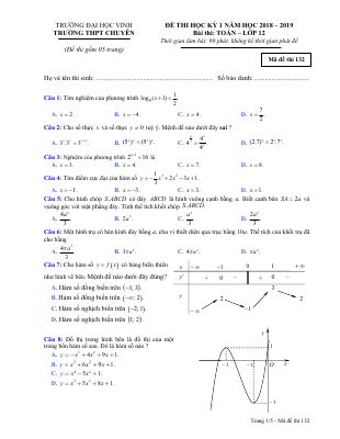 Đề thi học kì 1 Toán 12 năm 2018 2019 trường THPT chuyên Đại học Vinh Nghệ An