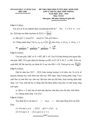 Đề thi học sinh giỏi Toán 12 năm 2018 2019 sở Bến Tre