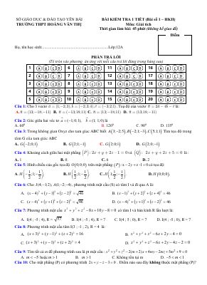 Đề kiểm tra Hình học 12 chương 3 (Tọa độ không gian) trường THPT Hoàng Văn Thụ  Yên Bái