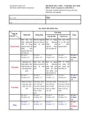 Đề kiểm tra 1 tiết Giải tích 12 chương 3 năm 2017 2018 trường Phan Văn Đạt Long An