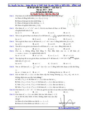 Đề kiểm tra Giải tích 12 chương 1 (Hàm số) Nguyễn Văn Huy