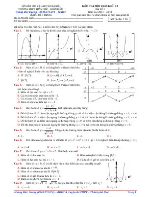 Đề kiểm tra môn Toán khối 12 bài số 1 năm học 2017  2018 trường THPT Trần Phú  Hà Nội