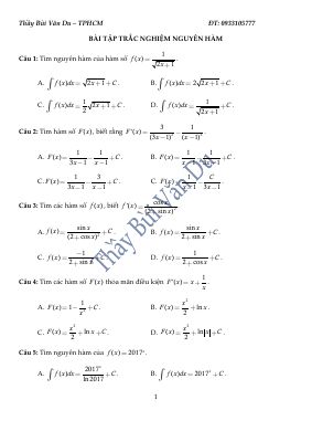 Bài tập trắc nghiệm về nguyên hàm môn toán lớp 12 năm 2017