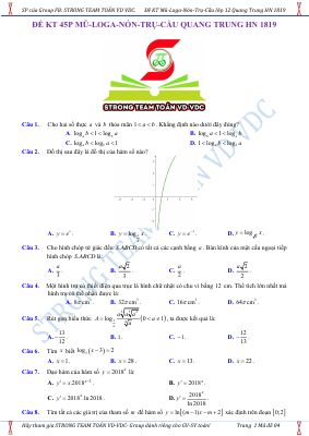 Đề kiểm tra 45 phút mũ loga nón trụ cầu lớp 12 trường quang trung mã 4