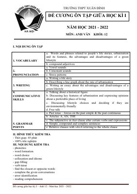 Đề cương ôn tập giữa học kì 1 Môn Tiếng Anh lớp 12 Trường THPT Xuân Đỉnh năm 2021 - 2022