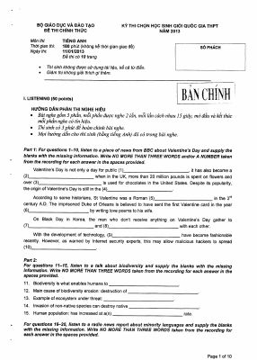 Đề thi học sinh giỏi quốc gia môn Tiếng Anh lớp 12 năm 2013 chi tiết