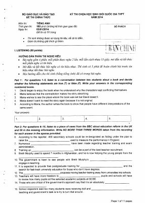 Đề thi học sinh giỏi quốc gia môn Tiếng Anh lớp 12 năm 2014 chi tiết