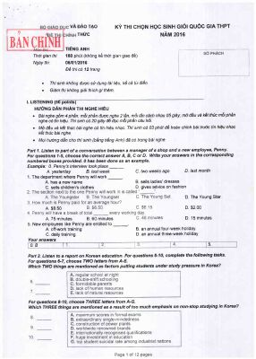 Đề thi học sinh giỏi quốc gia môn Tiếng Anh lớp 12 năm 2016 chi tiết