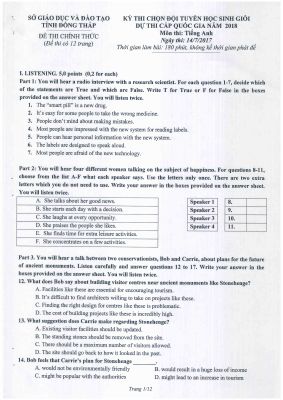 Đề thi học sinh giỏi môn Tiếng Anh lớp 12 năm 2017 - 2018 tỉnh Đồng Tháp có đáp án chi tiết